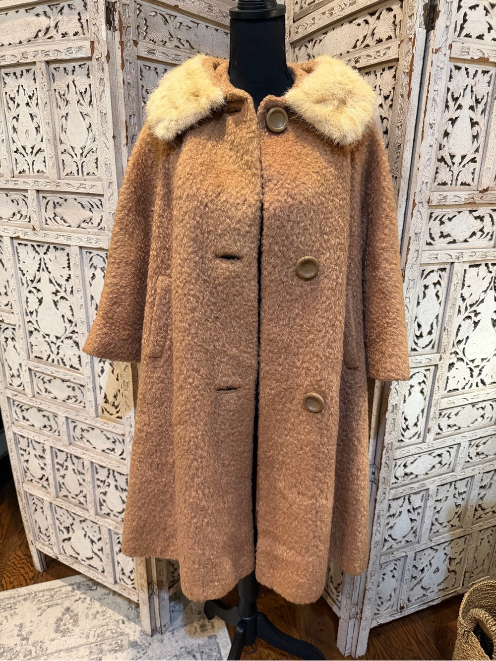 Vintage 50s 60s Wool Swing Coat Fur Collar ILGWU Chicago